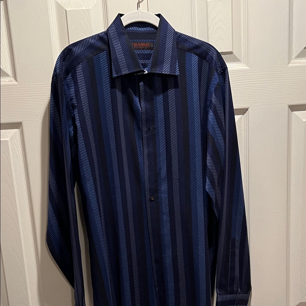 Etro Navy and Black Striped Men’s Long Sleeve Dress Shirt